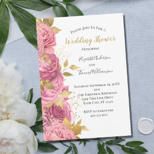 Pink Gold Roses Floral Formal Wedding Shower Invitation