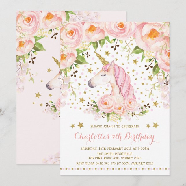 Pink Gold Roses Floral Unicorn Birthday Party Invitation (Front/Back)