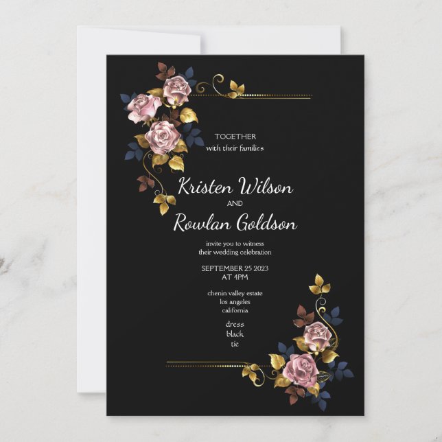 Pink Gold Roses Flowers Invitation (Front)