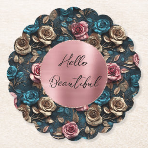 Pink Gold Roses  Paper Coaster