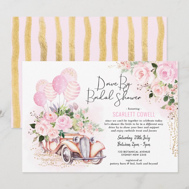 Pink Gold Roses Retro Car Drive By Bridal Shower Invitation (Front/Back)