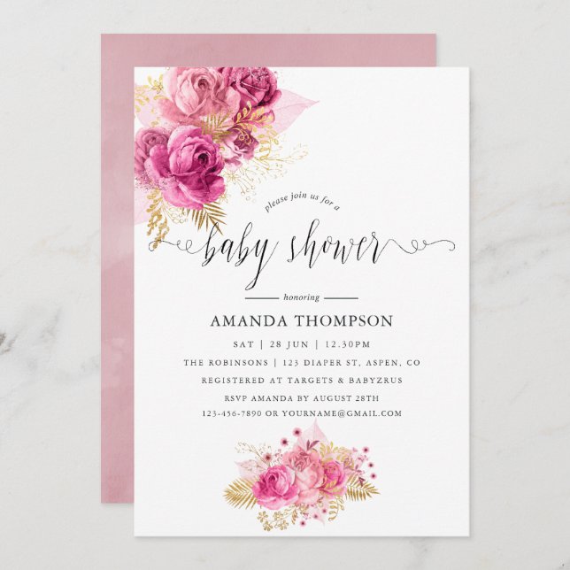 Pink & Gold Roses Watercolor Baby Shower Invitation (Front/Back)