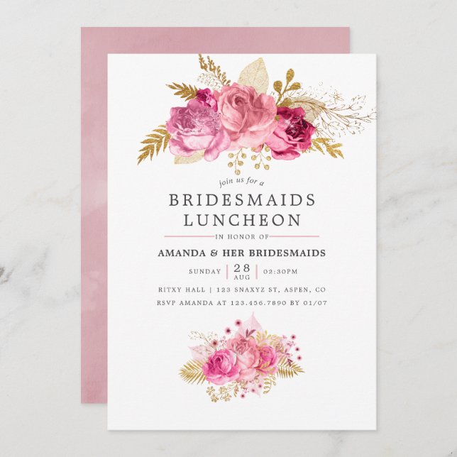 Pink & Gold Roses Watercolor Bridesmaids Luncheon Invitation (Front/Back)