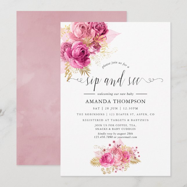 Pink & Gold Roses Watercolor Sip and See Invitation (Front/Back)