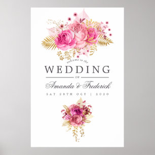 Pink & Gold Roses Watercolor Wedding Welcome Poster