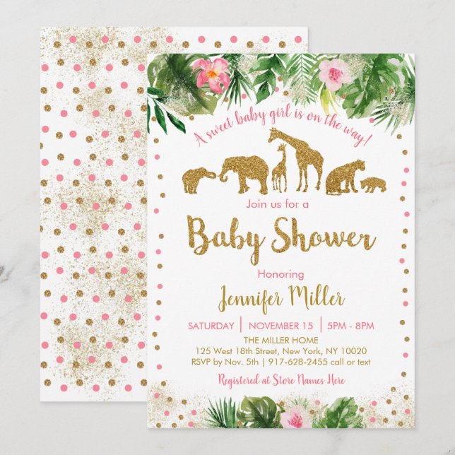 Pink & Gold Safari Animal Baby Shower Invitation (Front/Back)