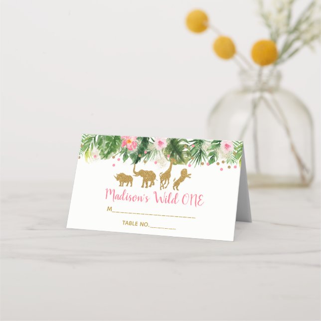 Pink & Gold Safari Animal Wild One First Birthday Place Card (Front)