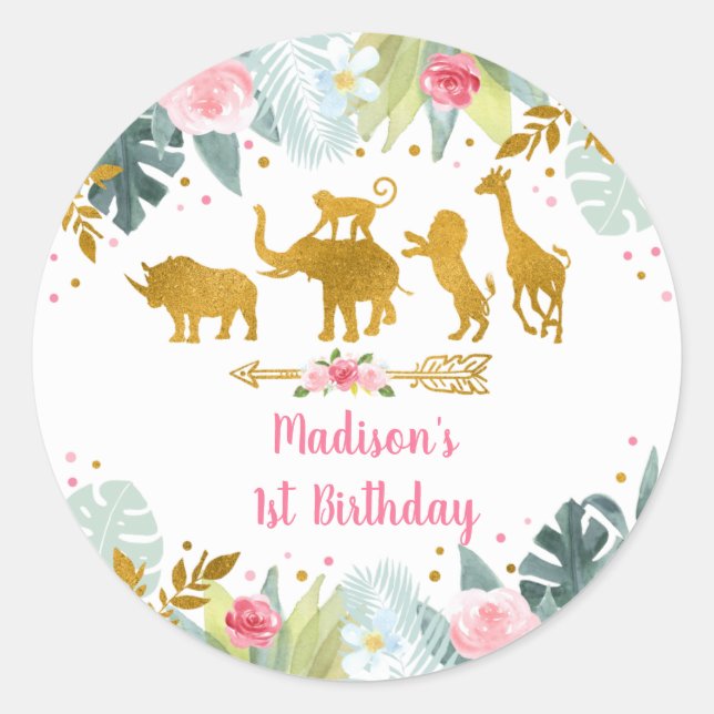 Pink Gold Safari Greenery Birthday Classic Round Sticker (Front)