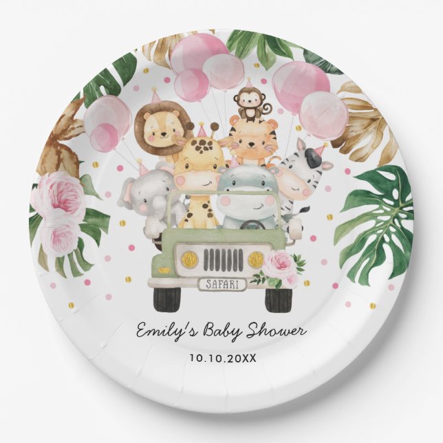 Pink Gold Safari Jungle Animals Greenery Baby Girl Paper Plate (Front)