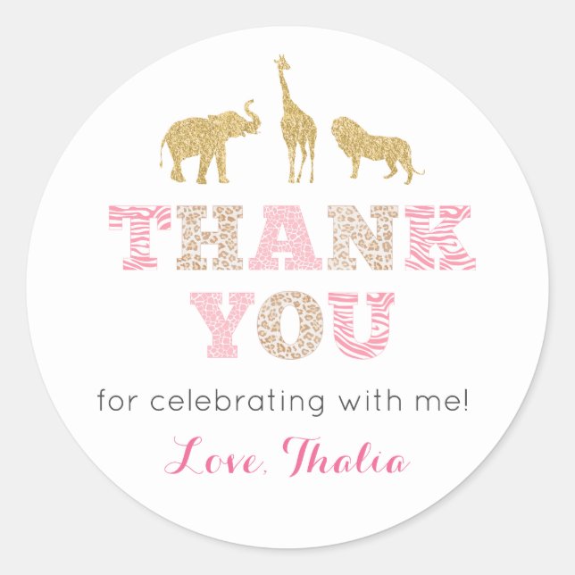 Pink Gold Safari Thank You Wild Birthday Party Classic Round Sticker (Front)