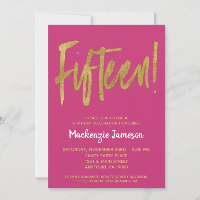 Pink Gold Script 15th Birthday Party Invitation (Front)