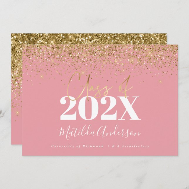 pink gold script modern elegant graduation  invitation (Front/Back)