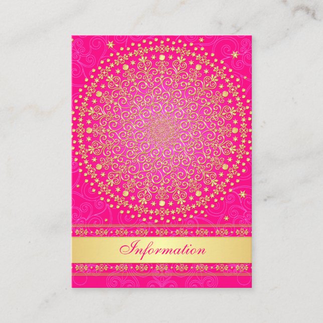 Pink, Gold Scrolls, Stars Wedding Enclosure Card (Front)