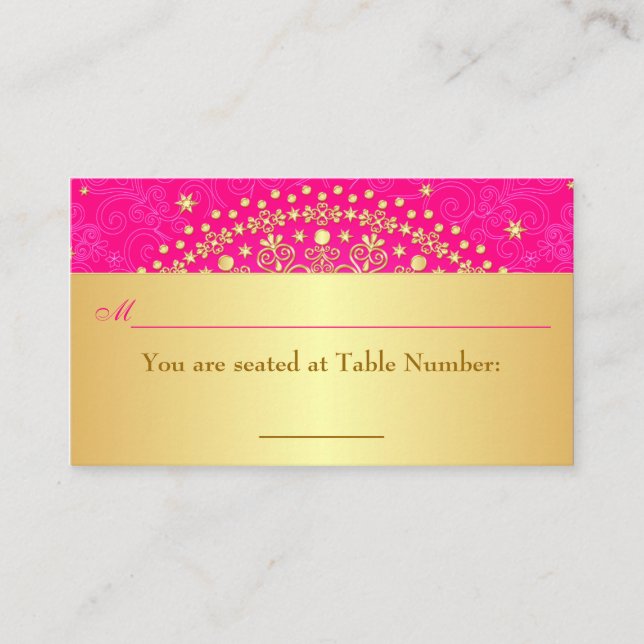 Pink, Gold Scrolls, Stars Wedding Place Card (Front)