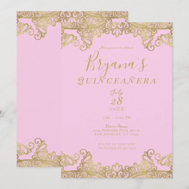 Pink & Gold Shine Lace Elegant Quinceañera   Invitation (Front/Back)