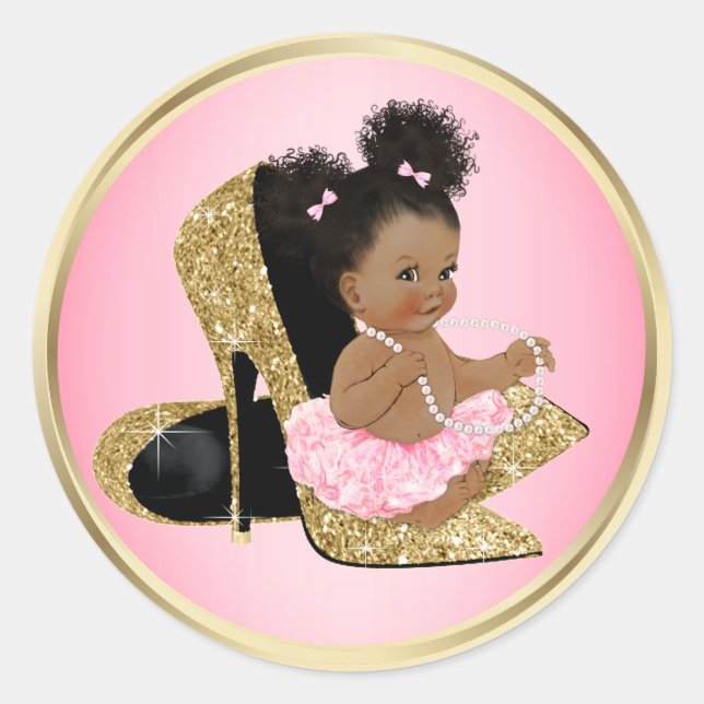Pink Gold Shoes Baby Shower Stickers (Front)