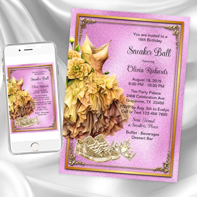 Pink Gold Sneaker Ball  Invitation (Pink gold sneaker ball invitations. Instant downloads and printed invitations are available.)