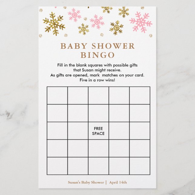 Pink & Gold Snowflake Baby Shower Bingo Game Card (Front)