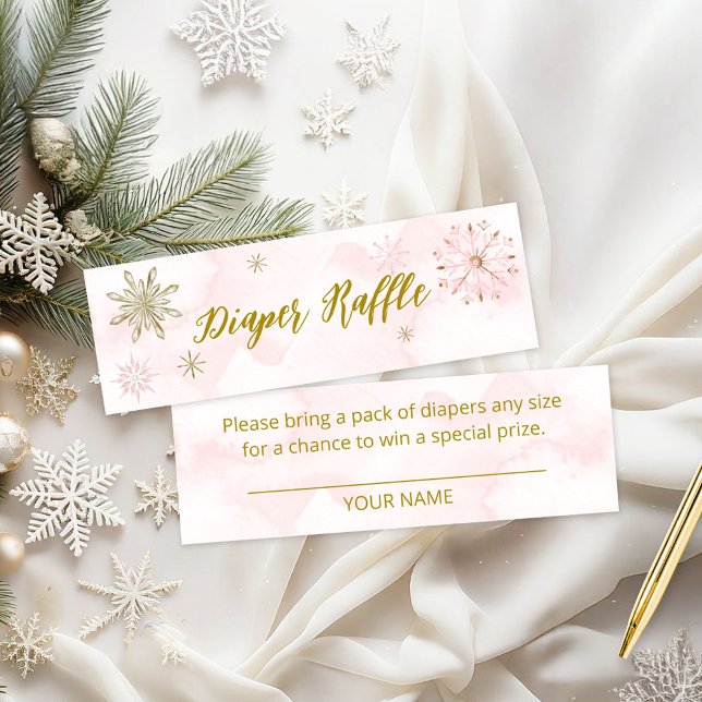 Pink Gold Snowflake Girl Baby Shower Diaper Raffle Mini Business Card (Creator Uploaded)