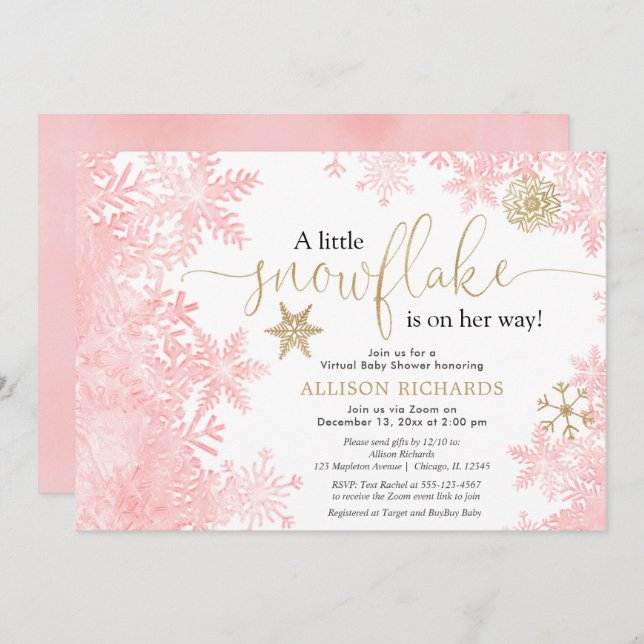 Pink gold snowflake Virtual girl baby shower Invitation (Front/Back)