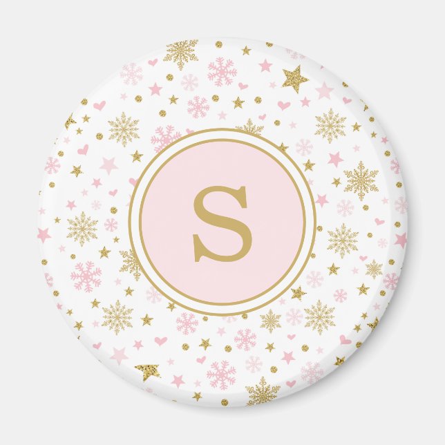 Pink Gold Snowflake Winter Onederland Party Favour Magnet (Front)