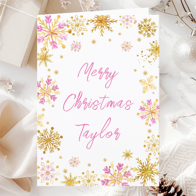 Pink Gold Snowflakes Merry Christmas with Name Holiday Card (Creator Uploaded)