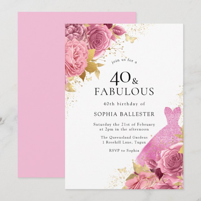 Pink Gold Sparkle Dress Roses 40th Birthday Party Invitation (Front/Back)