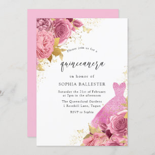 Pink & Gold Sparkle Dress Roses Quinceanera Party Invitation