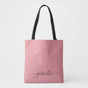 Pink Gold Sparkle Glitter Monogram Name Tote Bag