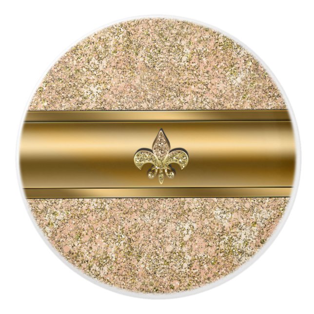 Pink & Gold Sparkle Glittery Fleur de lis Chic Ceramic Knob (Front)