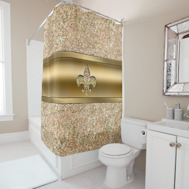 Pink & Gold Sparkle Glittery Fleur de lis Chic Shower Curtain (In Situ)