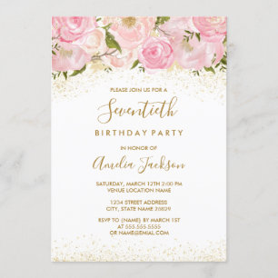 Pink Gold Sparkle Rose 70th Birthday Invitation