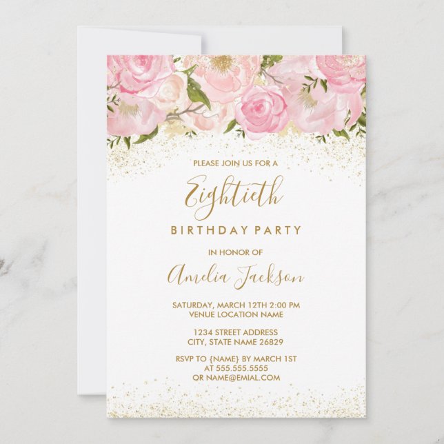 Pink Gold Sparkle Rose 80th Birthday Invitation (Front)