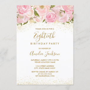 Pink Gold Sparkle Rose 80th Birthday Invitation