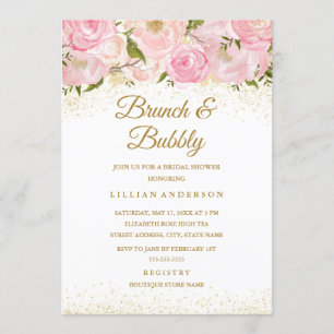 Pink Gold Sparkle Rose Brunch And Bubbly Shower Invitation