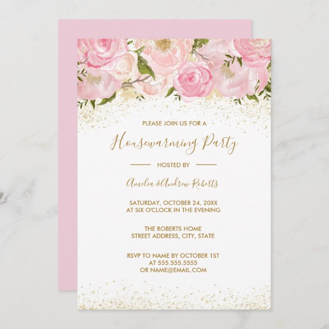 Pink Gold Sparkle Rose Housewarming Party Invitation (Front/Back)