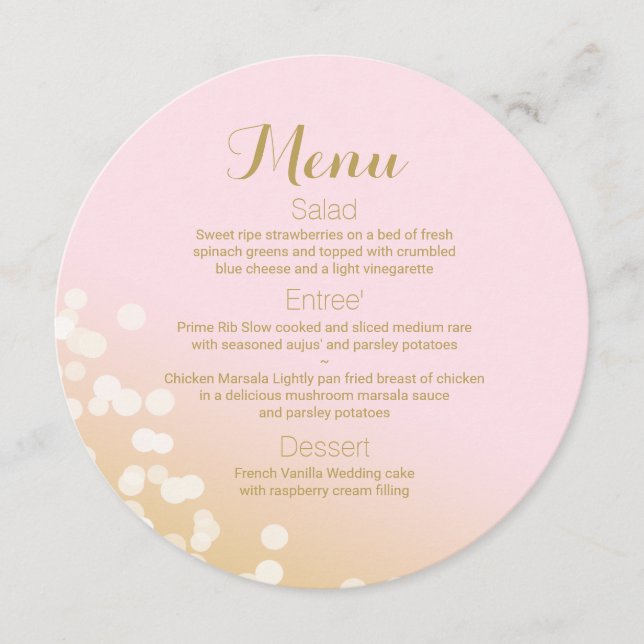 Pink Gold Sparkle Round Menu ffe3ea (Front)