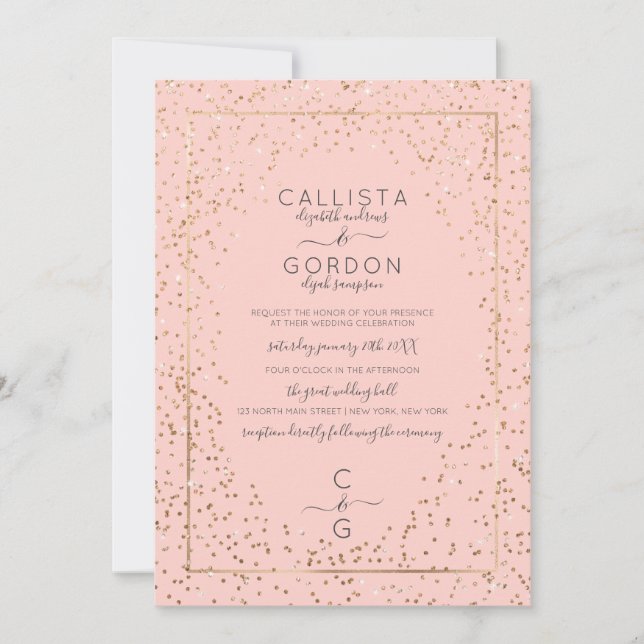 Pink Gold Sparkly Glitter Confetti Border Wedding Invitation (Front)