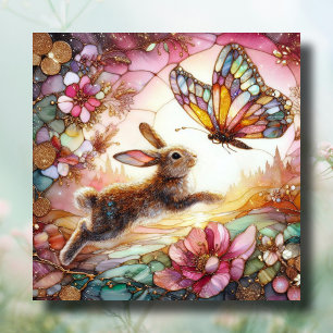 Pink Gold Stained Glass Bunny Butterfly Easter  Holiday Card