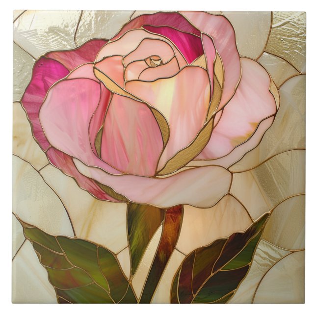 Pink Gold Stained Glass Mosaic Rose Flower Tile (Front)