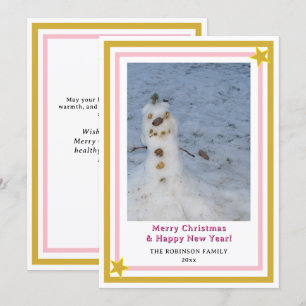 Pink Gold Stars Little Snowman Holiday Card