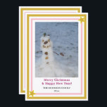 Pink Gold Stars Little Snowman INSERT PHOTO Holiday Card<br><div class="desc">Festive little snowman.  Gold and pastel pink geometric pattern with yellow gold stars elements.  Merry Christmas and Happy New Year in pink typography.  Insert Family Name and Year.  Leave image on front,  or Upload your own.  Holiday greeting and yellow gold star element on backside.  Original Photography Design by TamiraZDesigns.</div>