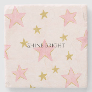 Pink Gold Stars Shine Bright Stone Coaster