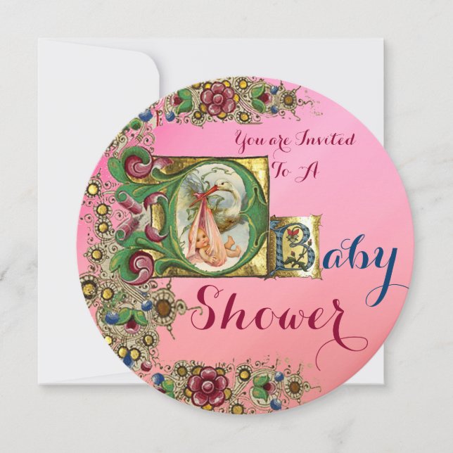 PINK GOLD STORK GIRL BABY SHOWER FLORAL MONOGRAM INVITATION (Front)