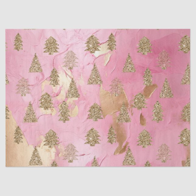 Pink Gold Streaks Glitter Glam Christmas Trees Tissue Paper (Front)