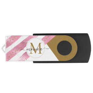 Pink Gold Stripe Glitter Monogram Apple Watch Band USB Flash Drive