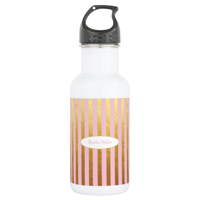 Pink & Gold Stripe Water Bottle with Name (Front)