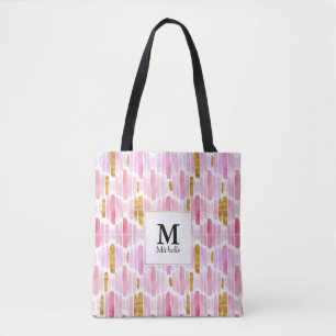 Pink & Gold Striped Monogram Tote Bag