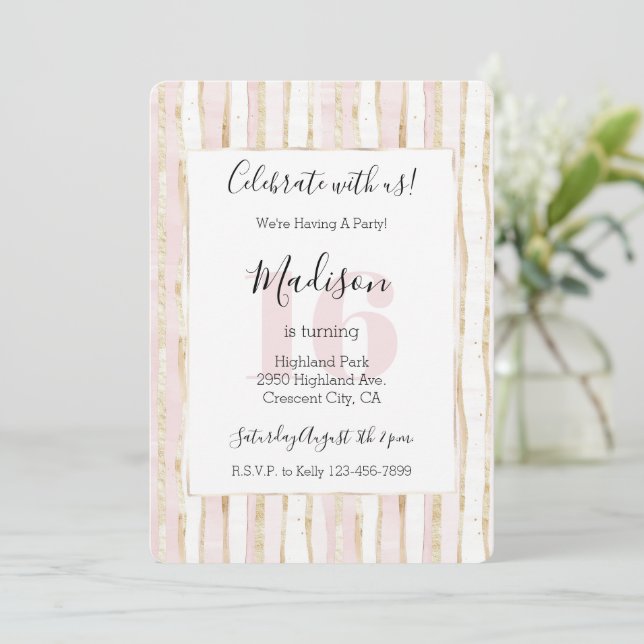 Pink Gold Stripes 16th Birthday Invitation (Standing Front)