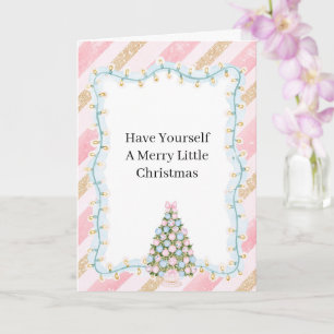 Pink Gold Stripes Christmas Tree Lights Card